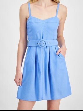 Sky Blue Fit & Flare Mini Dress Belted Pockets Summer Brunch Vacation